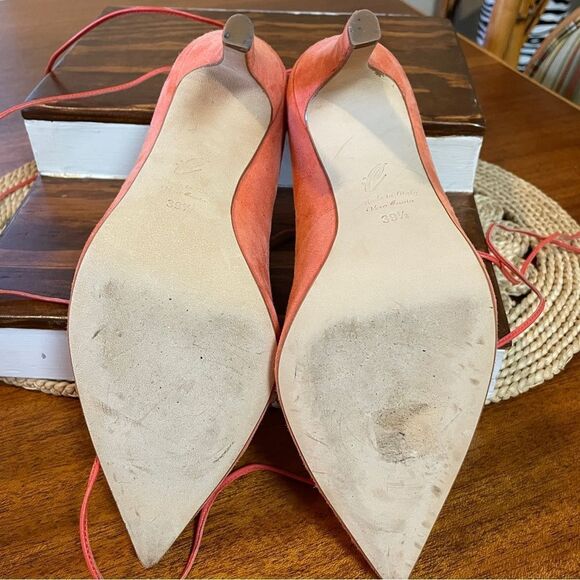 Clef Genuine Suede Leather Stiletto Pumps Made in Italy Coral Ankle Lace - Picture 12 of 13